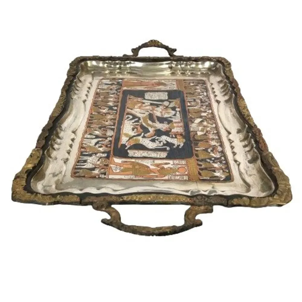 Vintage Egyptian Figural Horse Chariot Copper Silver Metal Serving Platter Tray - Picture 12 of 13